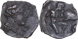 Greek Italy. Northern Apulia, Arpi. AR Diobol, c. 325-275 BC. Obv. APΠ CEΠTI. Head of Athena right, wearing Attic helmet decorated with hippocamp; Δ o...