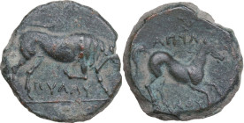 Greek Italy. Northern Apulia, Arpi. AE 19 mm, 275-250 BC. Obv. ΠΥΛΑΙ. Bull butting right. Rev. ΑΡΠΑ (retrograde) / ΝOY. Horse prancing right. HN Italy...