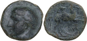 Greek Italy. Northern Apulia, Canusium. AE 19.5 mm, c. 250-225 BC. Obv. Head of young male left. Rev. [Κ]ΑΝΥΣ[ΙΝΩΝ]. Warrior, holding spear, on horseb...