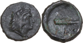 Greek Italy. Northern Apulia, Canusium. AE Quadrans, c. 300-250 BC. Obv. Head of Herakles right, beardless, wearing lion skin. Rev. KA-NY. Club; three...