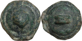 Greek Italy. Northern Apulia, Luceria. Heavy series. AE Cast Biunx, c. 225-217 BC. Obv. Scallop shell on a raised disk. Rev. Astragalos; to right, two...