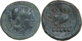 Greek Italy. Northern Apulia, Teate. AE Quincux, c. 225-200 BC. Obv. Head of Athena right, wearing crested Corinthian helmet. Rev. TIATI (on left). Ow...