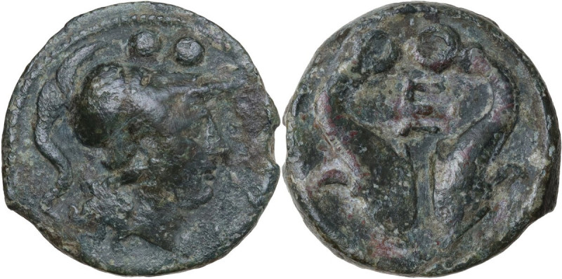 Greek Italy. Northern Apulia, Venusia. AE Biunx, c. 210 BC. Obv. Head of Minerva...
