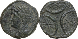 Greek Italy. Northern Apulia, Venusia. AE Teruncius, c. 210-200 BC. Obv. Veiled head of Juno left; VE before; behind, three pellets. Rev. Three star-w...