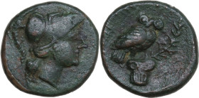 Greek Italy. Southern Apulia, Azetium. AE 19 mm, 300-275 BC. Obv. Head of Athena right, wearing crested Corinthian helmet. Rev. Owl standing right on ...