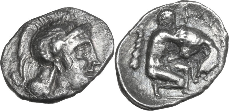 Greek Italy. Southern Apulia, Caelia. AR Diobol, 325-275 BC. Obv. Head of Athena...