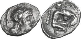 Greek Italy. Southern Apulia, Caelia. AR Diobol, 325-275 BC. Obv. Head of Athena right, wearing Attic helmet decorated with Scylla. Rev. Herakles knee...