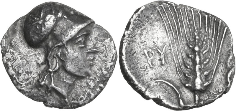 Greek Italy. Southern Apulia, Rubi. AR Diobol, c. 325-275 BC. Obv. Helmeted head...