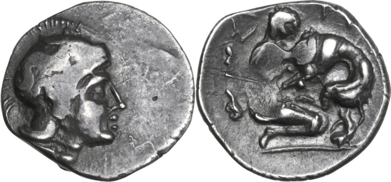 Greek Italy. Southern Apulia, Rubi. AR Diobol, c. 325-275 BC. Obv. Head of Athen...