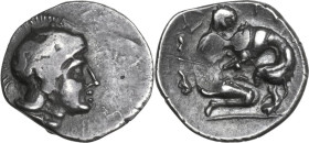 Greek Italy. Southern Apulia, Rubi. AR Diobol, c. 325-275 BC. Obv. Head of Athena right, wearing Attic helmet decorated with Skylla on bowl. Rev. PY. ...