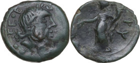 Greek Italy. Southern Apulia, Rubi. AE 15 mm. c. 300-225 BC. Obv. ΓP. CE. E. Laureate head of Zeus right. Rev. Tyche standing left, holding patera and...