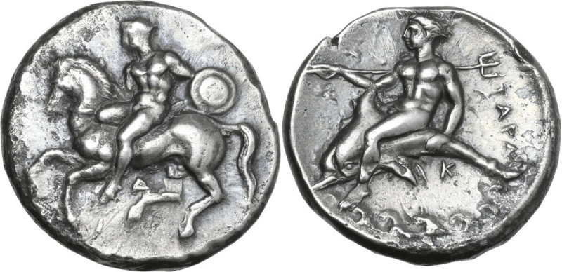 Greek Italy. Southern Apulia, Tarentum. AR Nomos, c. 344-340 BC. Obv. Nude warri...