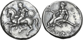 Greek Italy. Southern Apulia, Tarentum. AR Nomos, c. 344-340 BC. Obv. Nude warrior on horseback left, holding reins and small round shield; Δ below. R...