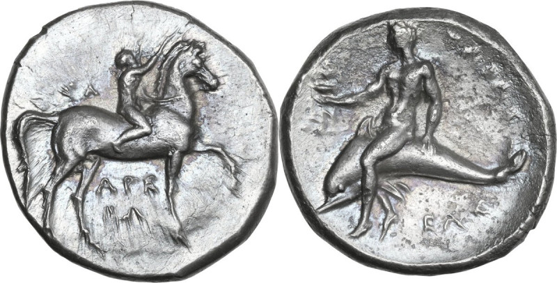 Greek Italy. Southern Apulia, Tarentum. AR Nomos, 280-272 BC. Arethon, Sa-, and ...