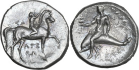 Greek Italy. Southern Apulia, Tarentum. AR Nomos, 280-272 BC. Arethon, Sa-, and Cas-, magistrates. Obv. Youth, nude, on horseback right, crowning hors...