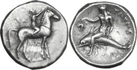 Greek Italy. Southern Apulia, Tarentum. AR Nomos, c. 302-290 BC. Philiarchos, Sa-, and Aga-, magistrates. Obv. Youth on horseback right, crowning hors...