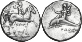 Greek Italy. Southern Apulia, Tarentum. AR Nomos, 280-272 BC. Obv. Horseman right, crowning himself; below, Ionic capital. Rev. TAPAΣ. Phalanthos ridi...