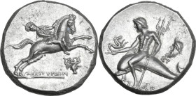 Greek Italy. Southern Apulia, Tarentum. AR Nomos, c. 240-228 BC. Zopyrion magistrate. Obv. Youth, wearing short chiton, holding rein in right hand, le...