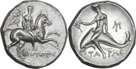 Greek Italy. Southern Apulia, Tarentum. AR Nomos, c. 240-228 BC, Aristippos magistrate. Obv. Nude rider holding filleted palm on horseback right; AP m...