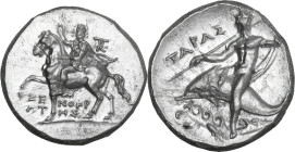 Greek Italy. Southern Apulia, Tarentum. AR Nomos, c. 240-228 BC. Reduced standard. Xenokrates, magistrate. Obv. Dioskouros, head facing, raising right...