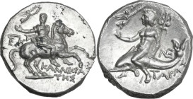 Greek Italy. Southern Apulia, Tarentum. AR Nomos, c. 240-228 BC. Kallikrates magistrate. Obv. Warrior, holding Nike, who crowns him, in extended right...