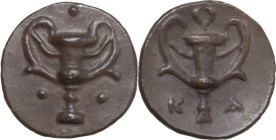 Greek Italy. Southern Apulia, Tarentum. AR Obol, c. 280-228 BC. Obv. Kantharos; around, three pellets. Rev. Kantharos; K-A flanking. HN Italy 1076; Cf...
