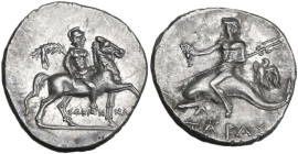 Greek Italy. Southern Apulia, Tarentum. AR Reduced Nomos – Half-Shekel. Punic occupation, c. 212-209 BC. Obv. Warrior, wearing full armor, holding fil...