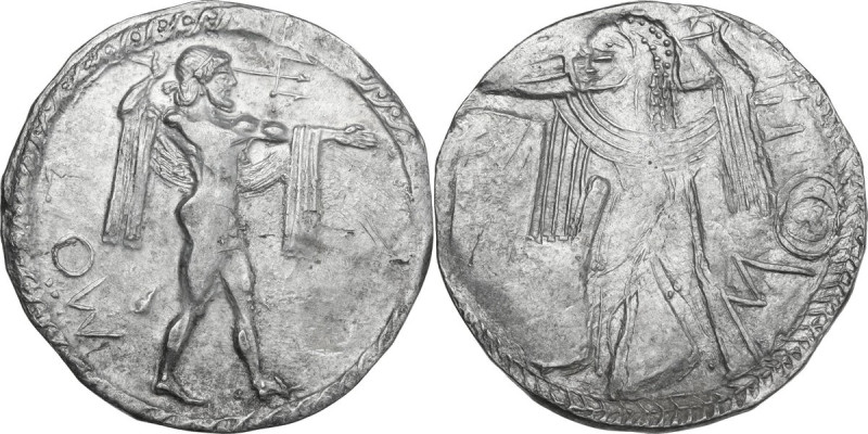 Greek Italy. Lucania, Poseidonia-Paestum. AR Nomos, c. 530-500 BC. Obv. ΠΟΣ (ret...