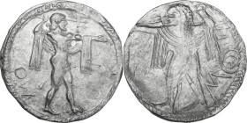 Greek Italy. Lucania, Poseidonia-Paestum. AR Nomos, c. 530-500 BC. Obv. ΠΟΣ (retrograde). Poseidon, bearded, nude but for chlamys draped over his arms...
