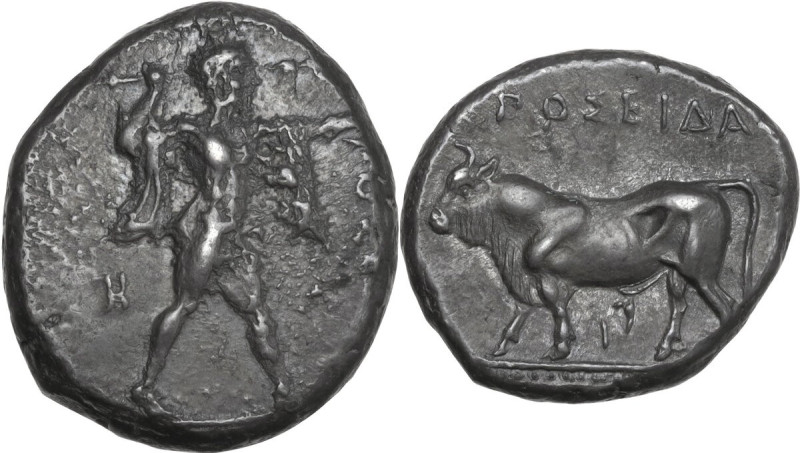 Greek Italy. Lucania, Poseidonia-Paestum. AR Stater, 420-410 BC. Obv. Poseidon a...