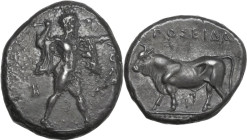 Greek Italy. Lucania, Poseidonia-Paestum. AR Stater, 420-410 BC. Obv. Poseidon advancing right, brandishing trident; in left field, H; to right, ΠOΣEI...