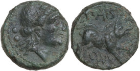 Greek Italy. Northern Lucania, Paestum. AE Sextans, Second Punic War, 218-201 BC. Obv. Wreathed head of Ceres right; to left, two pellets. Rev. PAIS. ...