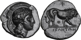Greek Italy. Northern Lucania, Velia. AR Stater, 340-334 BC. Theta Group. Obv. Head of Athena right wearing crested Attic helmet with griffin on bowl;...