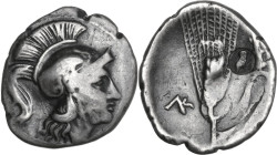 Greek Italy. Southern Lucania, The Lucanians. AR Drachm, c. 280-278 BC. Obv. Helmeted head of Athena right. Rev. Barley grain with leaf to right; club...