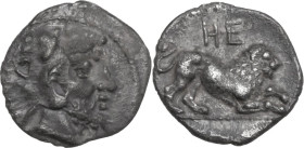 Greek Italy. Southern Lucania, Heraclea. AR Diobol, c. 432-420 BC. Obv. Bearded head of Herakles right, wearing lion skin. Rev. Lion crouching right; ...