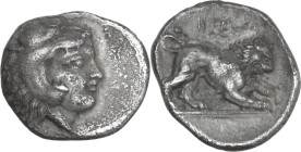 Greek Italy. Southern Lucania, Heraclea. AR Diobol, c. 432-420 BC. Obv. Beardless head of Herakles right, wearing lion skin. Rev. Lion crouching right...