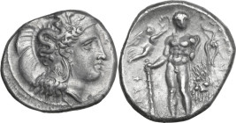 Greek Italy. Southern Lucania, Heraclea. AR Stater, 330/25-281 BC. Obv. Head of Athena right, wearing Corinthian helmet decorated with Scylla hurling ...