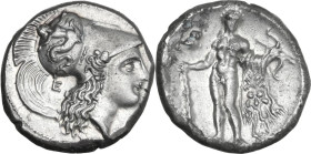 Greek Italy. Southern Lucania, Heraclea. AR Stater, 281-278 BC. Obv. |-HPAKΛHIΩN. Head of Athena right, wearing Corinthian helmet decorated with Scyll...