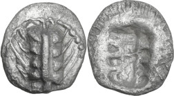 Greek Italy. Southern Lucania, Metapontum. AR Obol, c. 540-510 BC. Obv. Ear of barley with four grains. Rev. Incuse ear of barley with four grains. HN...
