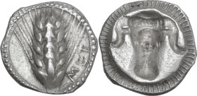 Greek Italy. Southern Lucania, Metapontum. AR Triobol, c. 470-440 BC. Obv. Five-grained barley-ear; MET to right. Rev. Incuse bucranium. HN Italy 1487...