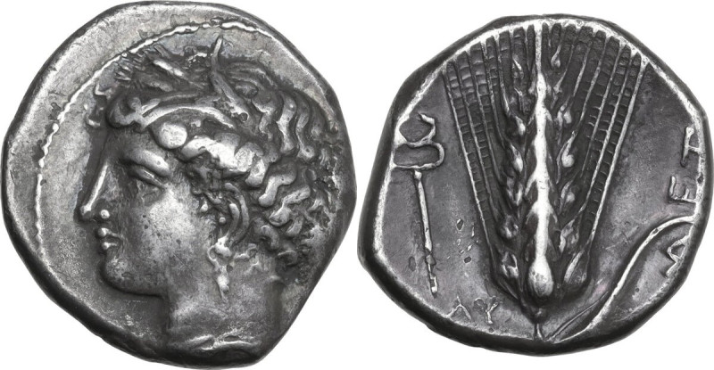 Greek Italy. Southern Lucania, Metapontum. AR Stater, c. 340-330 BC. Obv. Head o...