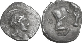 Greek Italy. Southern Lucania, Thurium. AR Obol, 443-400 BC. Obv. Helmeted head of Athena right. Rev. ΘΟΥ. Forepart of bull right, head facing. Cf. HN...