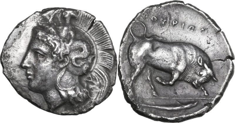 Greek Italy. Southern Lucania, Thurium. AR Distater, c. 400-350 BC. Obv. Head of...
