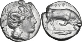 Greek Italy. Southern Lucania, Thurium. AR Distater, c. 440-350 BC. Obv. Head of Athena right, wearing crested helmet decorated with Skylla. Rev. Bull...