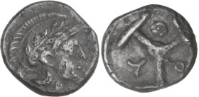 Greek Italy. Southern Lucania, Thurium. AR Hemiobol(?), c. 5th century BC. Obv. Head of Athena right, wearing wreathed Attic helmet decorated with lau...