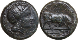 Greek Italy. Southern Lucania, Thurium. AE 30 mm., c. 350-300 BC. Obv. Head of Athena right, wearing crested Attic helmet decorated with Skylla. Rev. ...