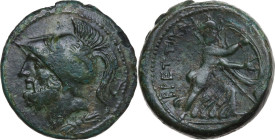 Greek Italy. Bruttium, The Brettii. AE Double unit, 211-208 BC. Obv. Helmeted head of Ares left. Rev. BPETTIΩN. Athena advancing right, holding spear ...