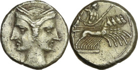 Greek Italy. Bruttium, Carthaginians in South-West Italy. EL 3/8 Shekel, c. 216-211 BC. Obv. Janiform female heads, each wearing grain ear wreath. Rev...