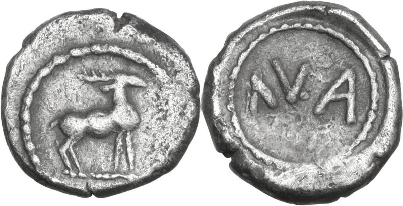 Greek Italy. Bruttium, Kaulonia. AR Triobol, c. 500-480 BC. Obv. Stag standing r...