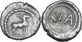 Greek Italy. Bruttium, Kaulonia. AR Triobol, c. 500-480 BC. Obv. Stag standing right. Rev. ΛVA. HN Italy 2041; SNG ANS 860; Noe, Caulonia –; Garrucci ...